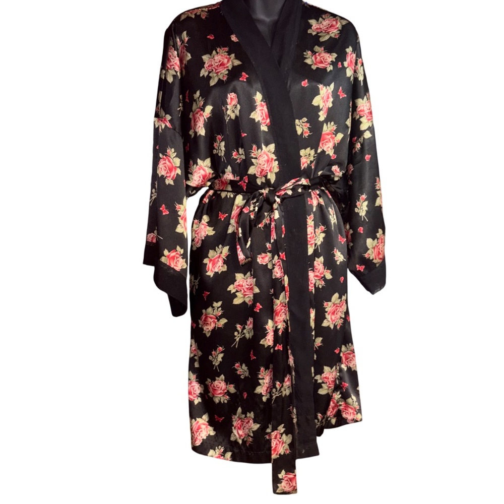 Honors Intimates robe black satin material adorned vibrant red pink floral print